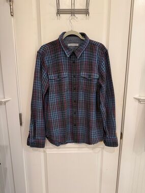 Outerknown Blanket Shirt in Blue and Orange Stripe Plaid Button-Down Shirt